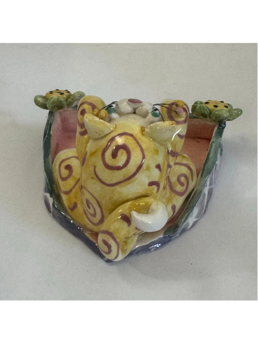 Vintage 1998 Lacombe Ceramic Cat Trinket Dish Whimsical Folk Art Decor